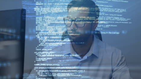 animación de procesamiento de datos contra un hombre caucásico que usa una computadora portátil en la oficina