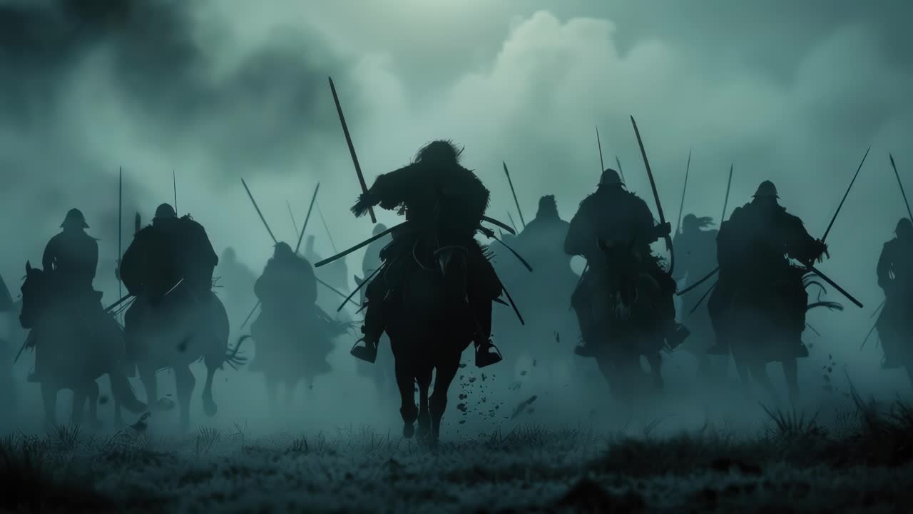Dramatic low-angle video still of silhouetted medieval knights on horseback charging through mist