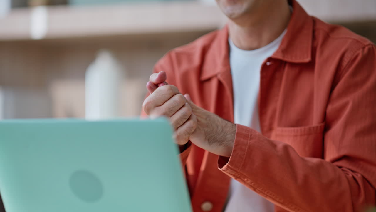 Business consultant conducting webinar at workspace closeup. Friendly manager