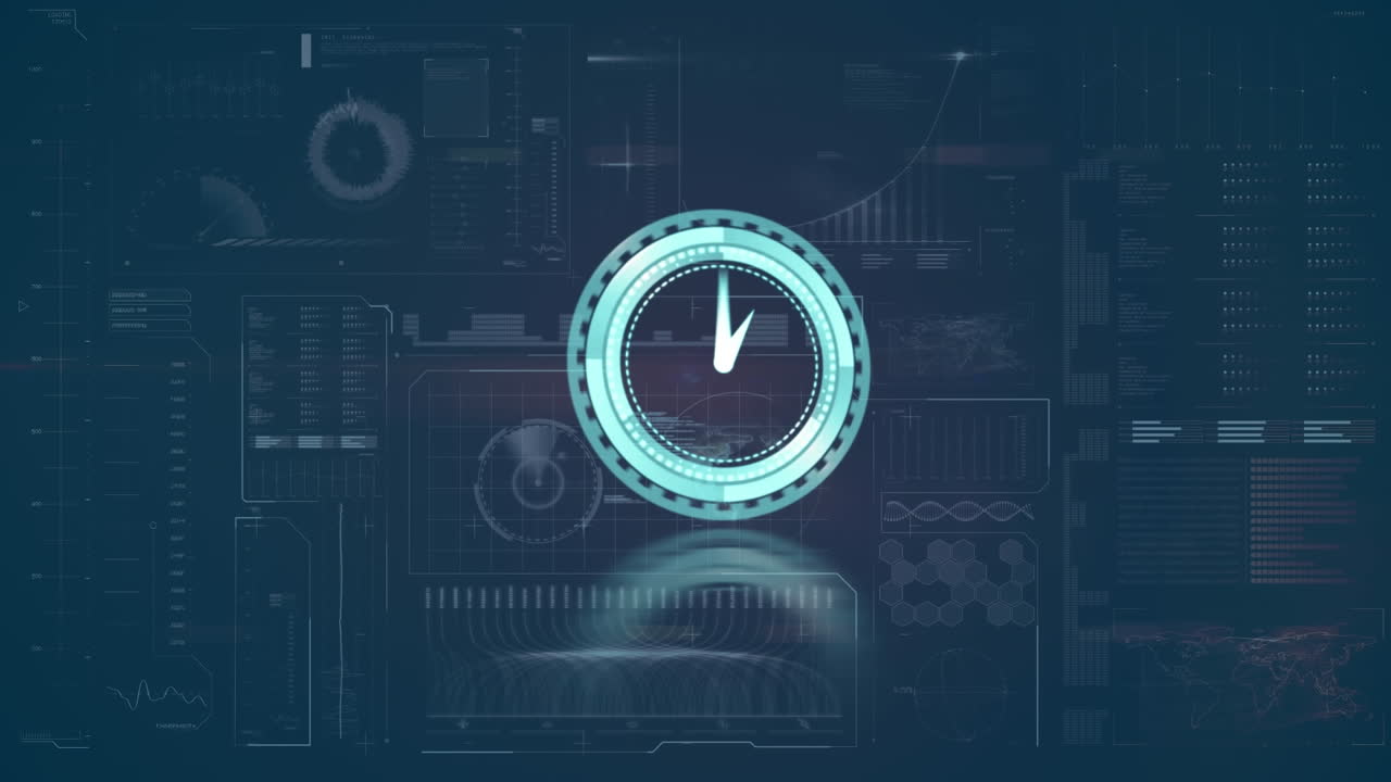 Animation of clock moving fast and data processing on screen