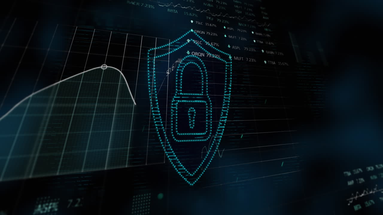 icono de candado de seguridad contra el procesamiento de datos financieros y del mercado de valores contra un fondo azul