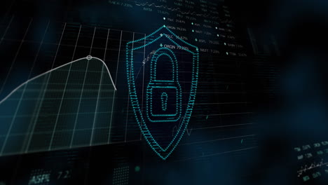 Security padlock icon against financial and stock market data processing against blue background