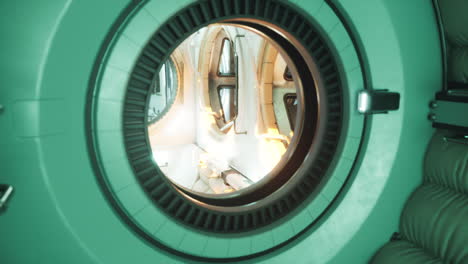 interior view of a futuristic space station in orbit with a circular window