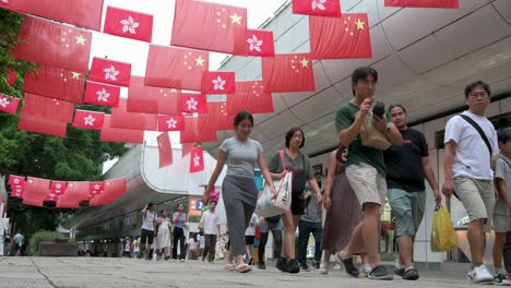 as pedestrians move through a hong kong street, the flags of china and the hong kong sar fly above them.