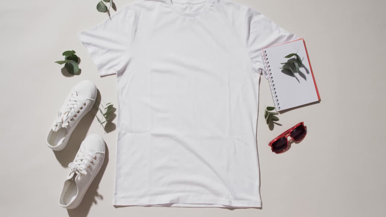 video de una capa plana de camiseta blanca, zapatillas de deporte, gafas de sol y espacio de copia sobre un fondo blanco