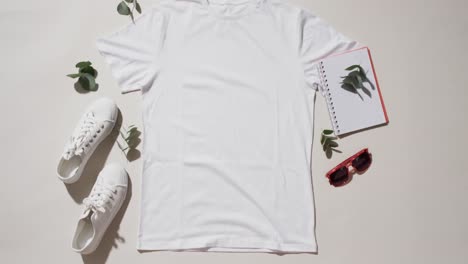 video of flat lay of white t shirt, sneakers, sunglasses and copy space on white background