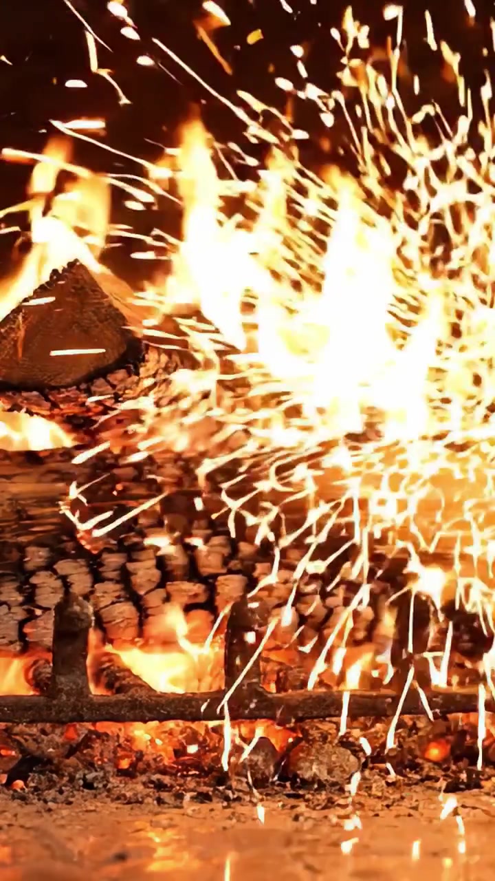 Fiamme affascinanti danzano attorno ai ceppi in un accogliente focolare, emettendo calore e comfort mentre le scintille volano nell'aria, creando un'atmosfera magica per il relax.