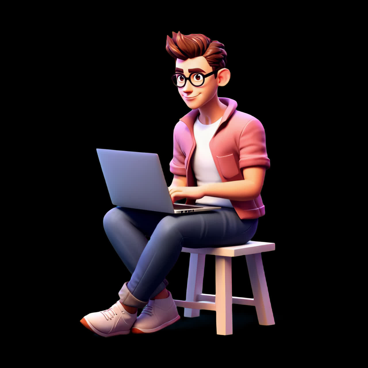 Animated character using laptop animation isolated asset, transparent 4K video, alpha channel
