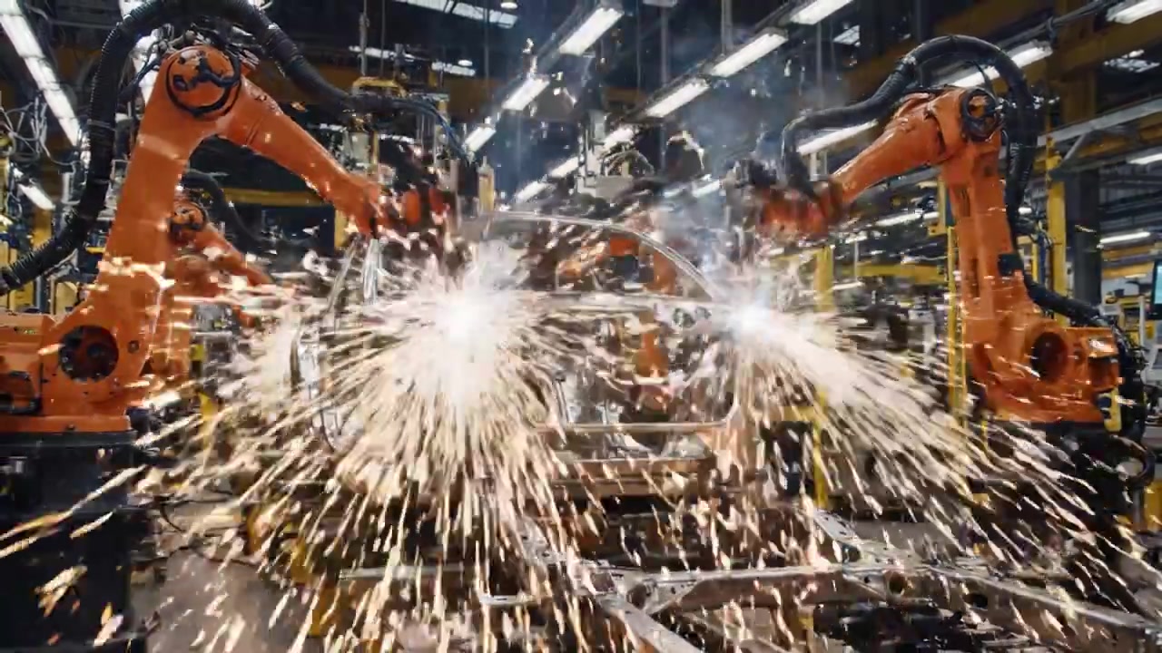 Una linea di assemblaggio robotica avanzata in azione: scintille volano mentre bracci automatizzati collaborano nella saldatura di precisione di componenti del telaio di automobili in una struttura di produzione ad alta tecnologia