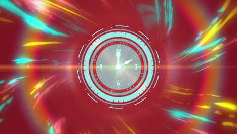 animation of clock moving over light trails on red background