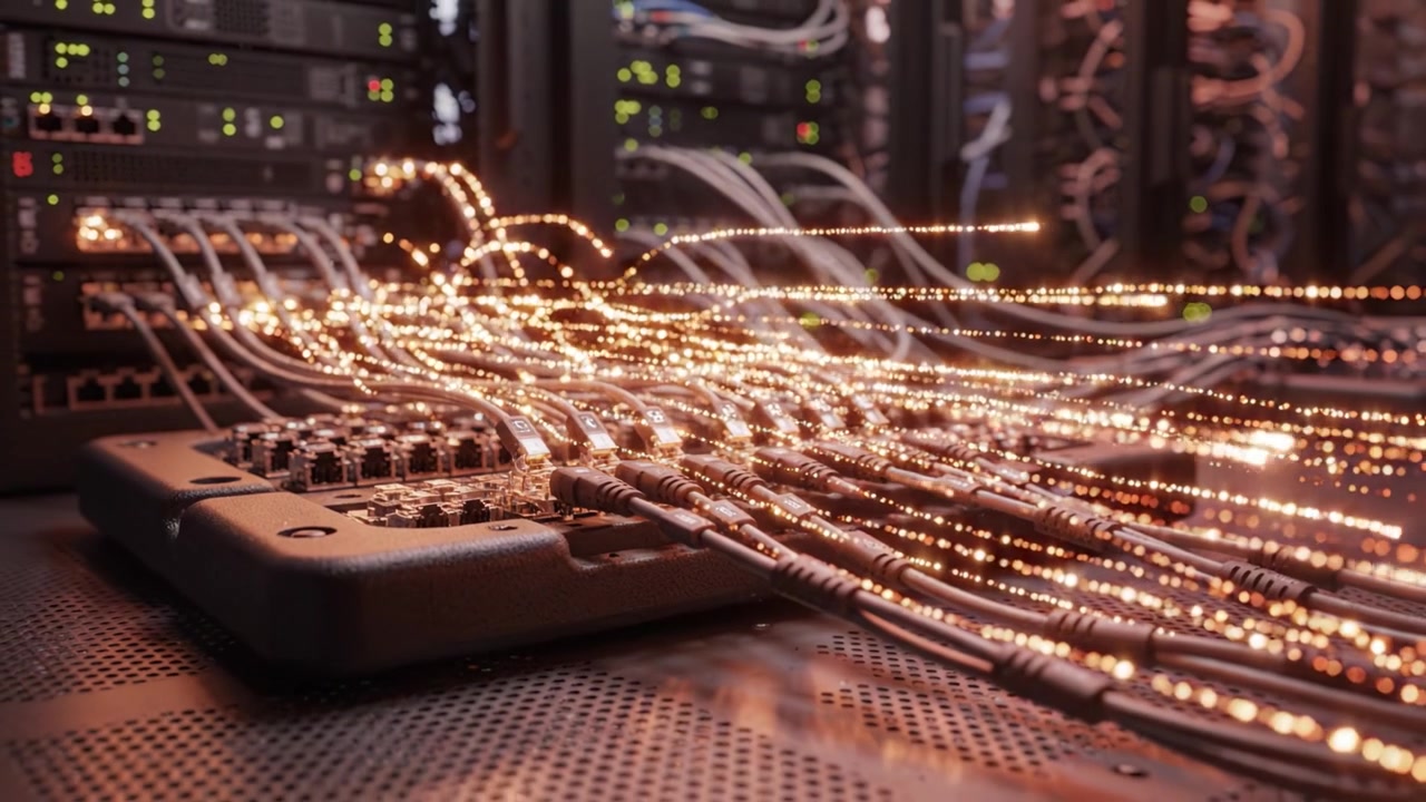 Complex Interconnections of Server Cables with A Focus on Data Flow Dynamics in a Modern Data Center Environment Highlighted by Sparks of Energy Emission.
