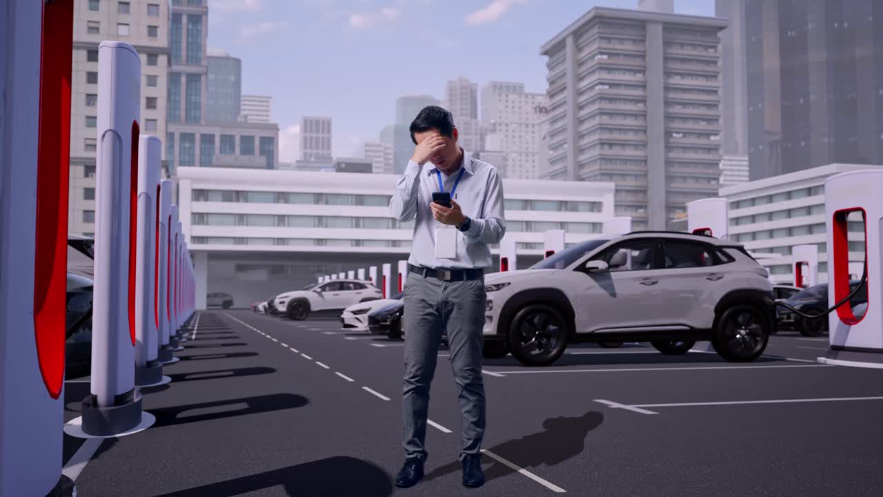 現代的な都市の充電ステーションで電気自動車が充電されている中、スマートフォンを持ち、失望した様子でうなずいているアジア人男性の専門作業員の全身。