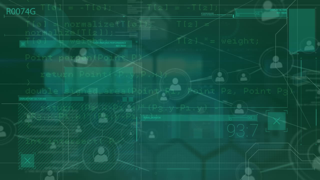 Animation of network of connections with people icons and data processing over grid