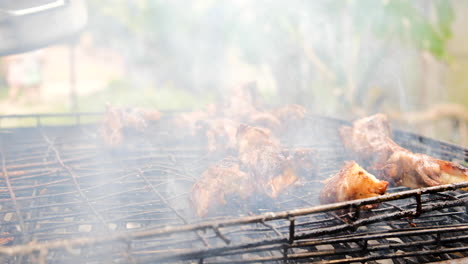 juicy lamb ribs on open fire handled with tongs, smoke from fat rising up, slow tilt-up shot