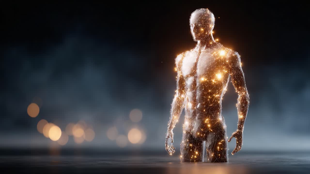 A luminous humanoid figure made of intricate golden lights stands amidst a mystical backdrop, embodying the intersection of technology and humanity in a surreal environment