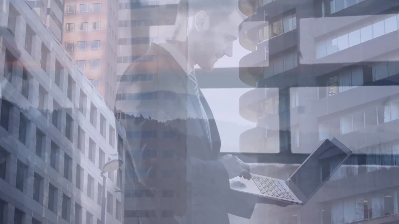 노트북을 사용하는 백인 사업가에 대한 도시 풍경 애니메이션