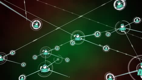 Animation-of-network-of-connections-with-people-icons-over-green-background
