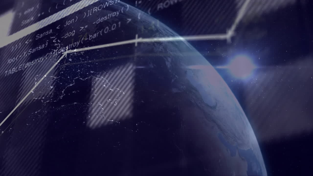 Futuristic Earth globe spinning under glowing code overlays and grid lines in deep space 3D render