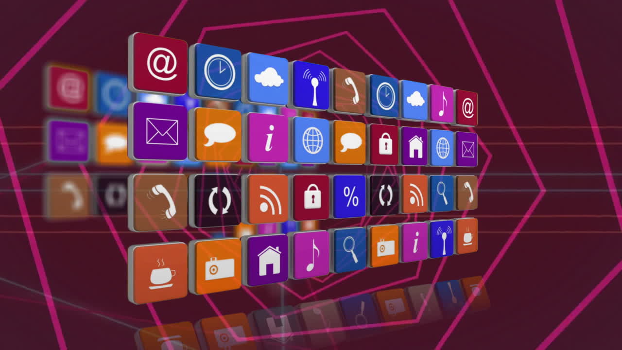 추상적인 배경에 터널을 형성하는 을 이루는 육각형 위에 사각형으로 아이콘의 애니메이션