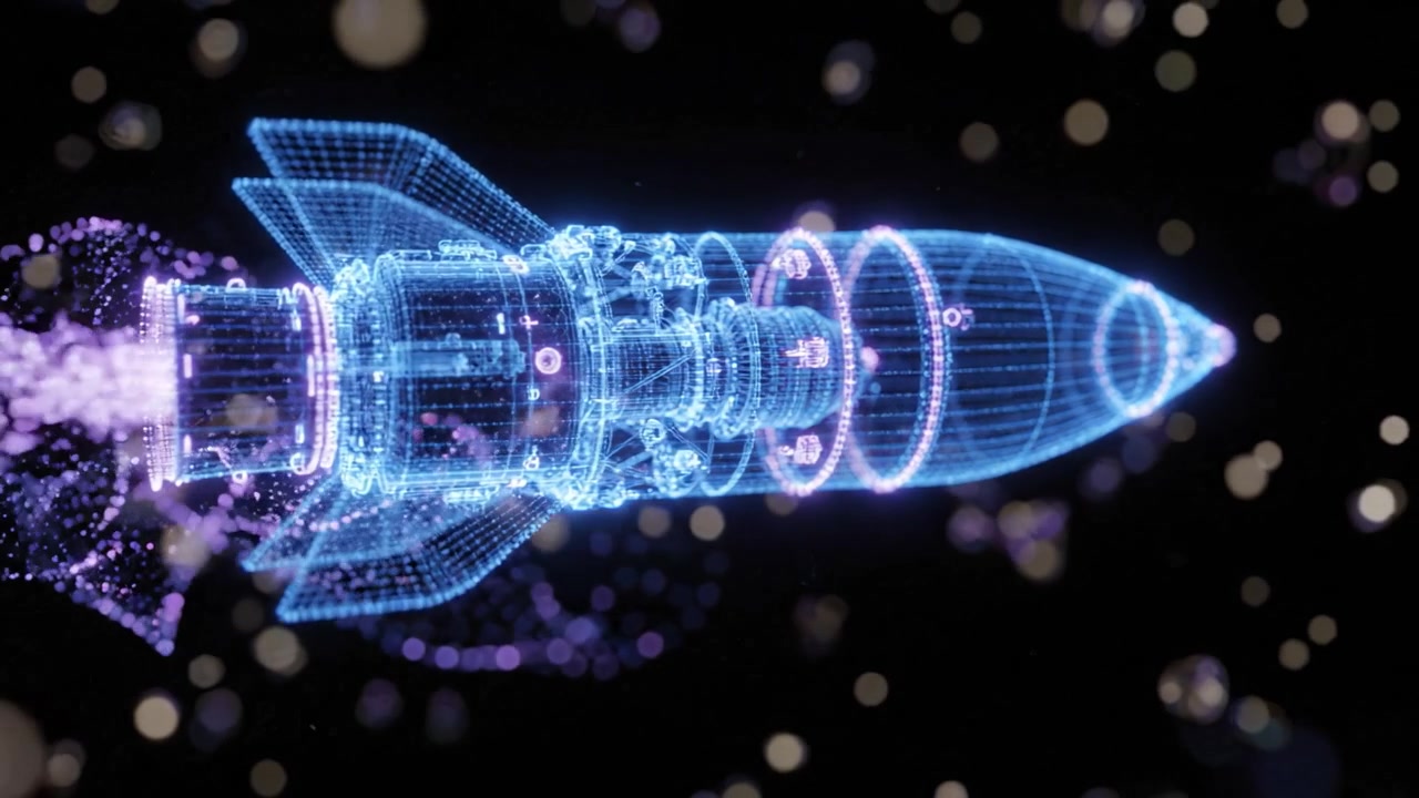 A Stunning Visualization of a Futuristic Rocket in Motion, Showcasing Its Technological Design with Vibrant Colors and Dynamic Particle Effects in Space