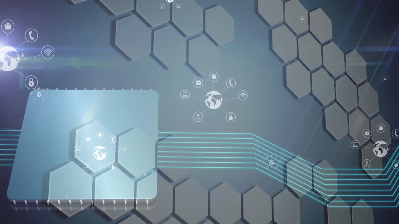 animación de globos con iconos sobre hexágonos y rastros de luz