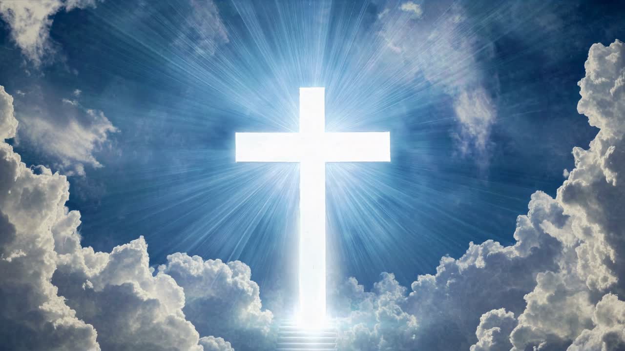 Heavenly light cross in a cloudy sky, captured from a low angle