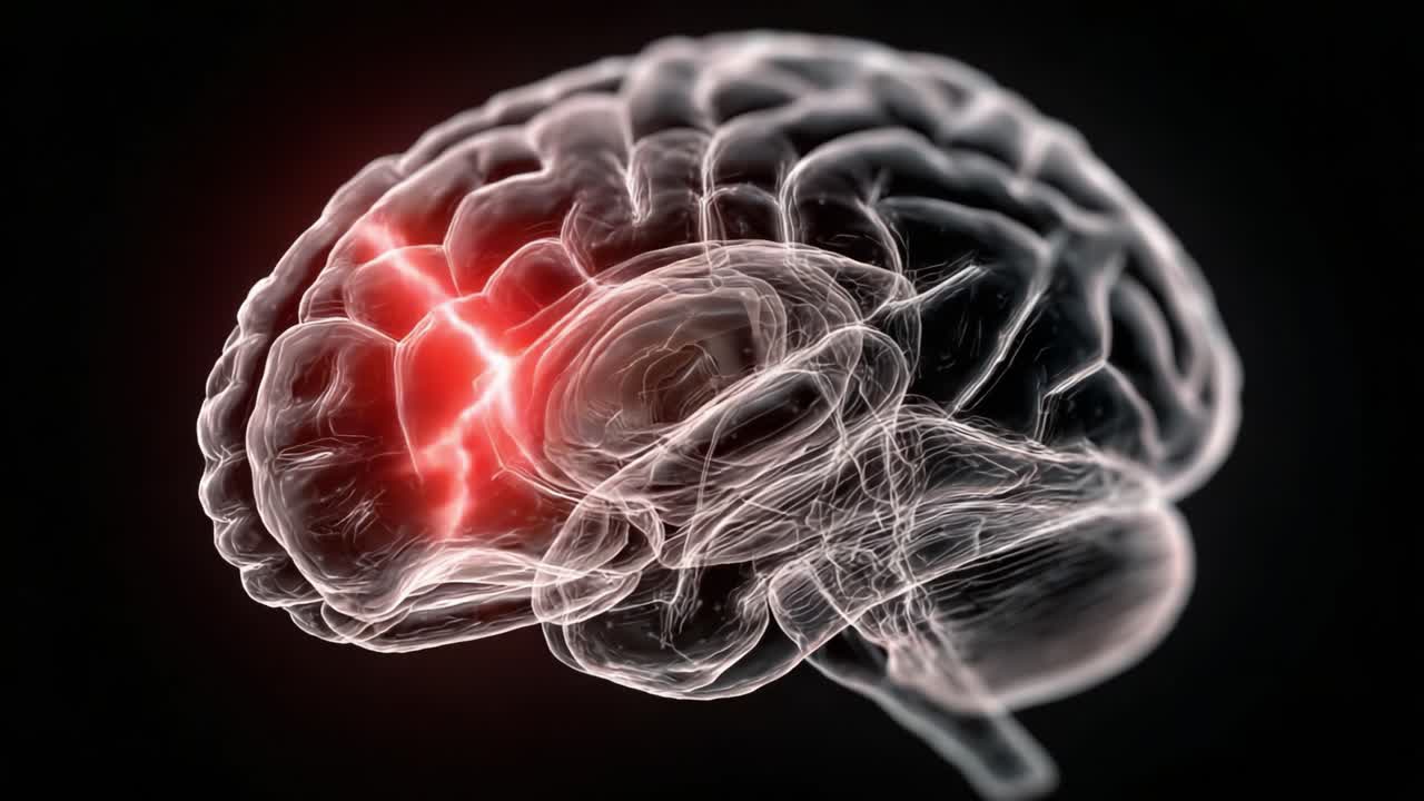 En intressant visuell utforskning av den mänskliga hjärnan som visar neural aktivitet och potentiella problemområden framhävda av livfulla röda signaler.