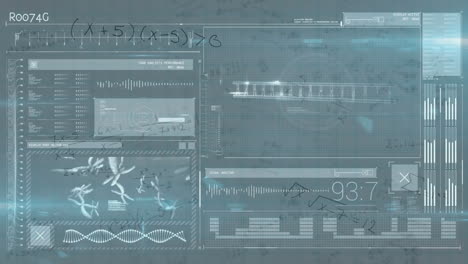 animación de la cadena de adn y procesamiento de datos médicos en el fondo de la pantalla
