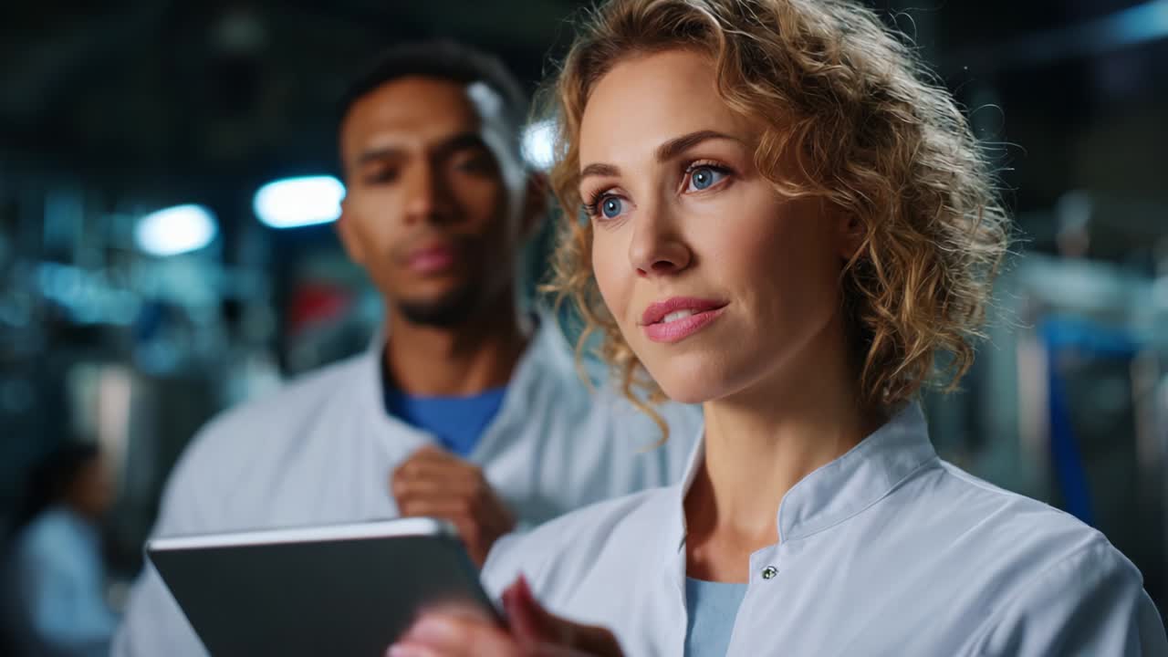 Focused Professionals Engaged in Collaborative Discussion Over a Digital Tablet in a Modern Laboratory Setting, Highlighting Teamwork and Innovation in Scientific Research and Development