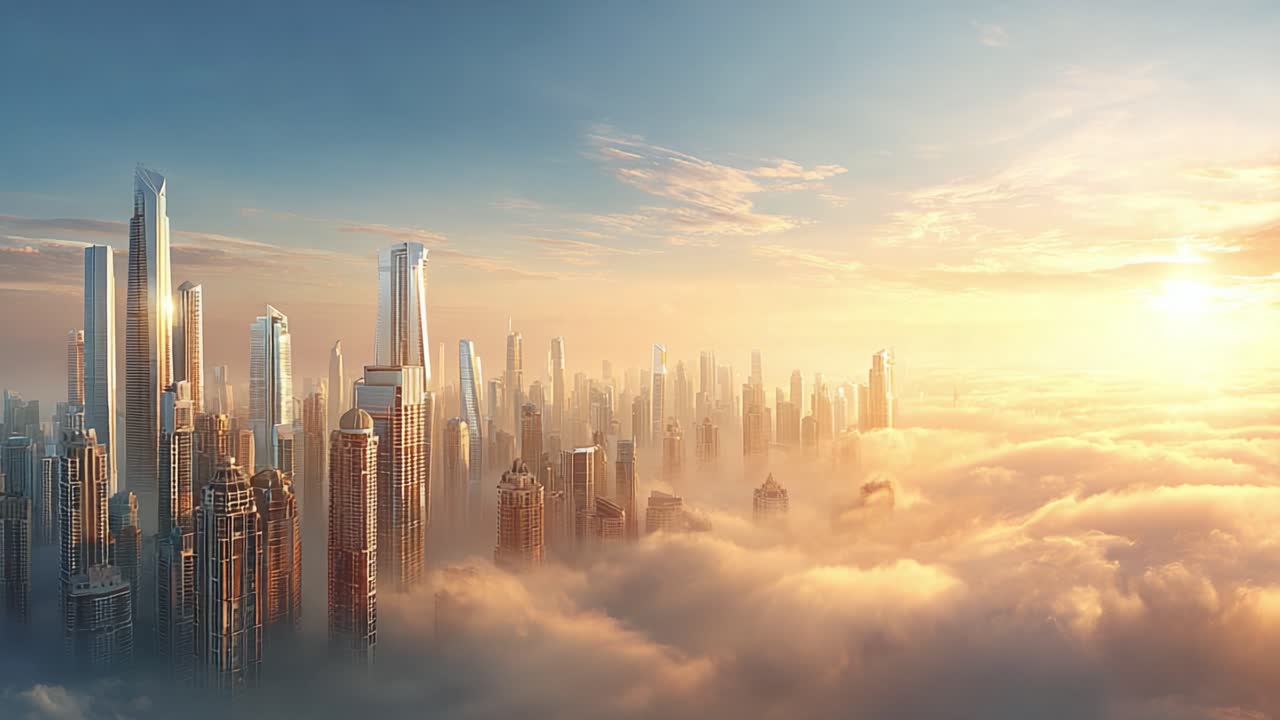 A Stunning Skyline Emerges from the Clouds at Sunrise, Showcasing Majestic Skyscrapers Bathed in Warm Light, Creating a Breathtaking Urban Landscape Above the Mist