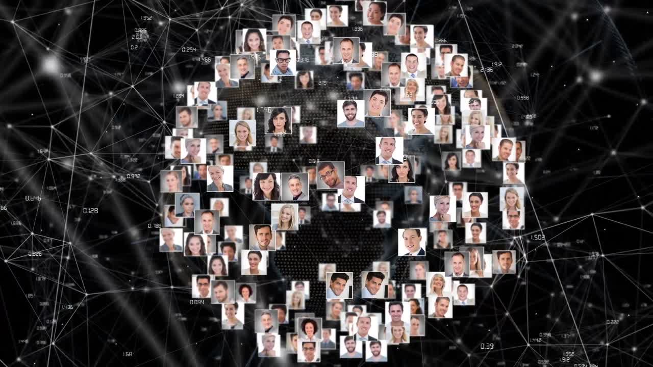 Animation of globe with network of connections and people's photos