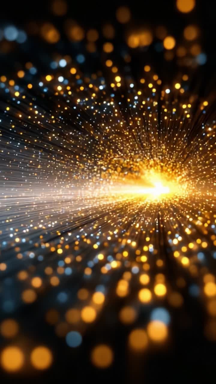 Un'esplosione di luce ed energia: vivaci macchie d'oro e blu si irradiano da un punto centrale, creando uno spettacolo visivo dinamico e ipnotico
