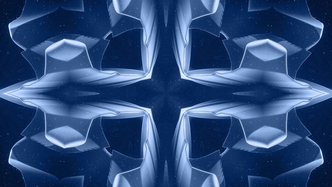 forma abstracta en 3d como una estrella o una flor, estructura simétrica de material de terciopelo azul negro intercalado con pañuelos, formas de cambios cíclicos suaves. fondo mate suave y elegante, animación suave.