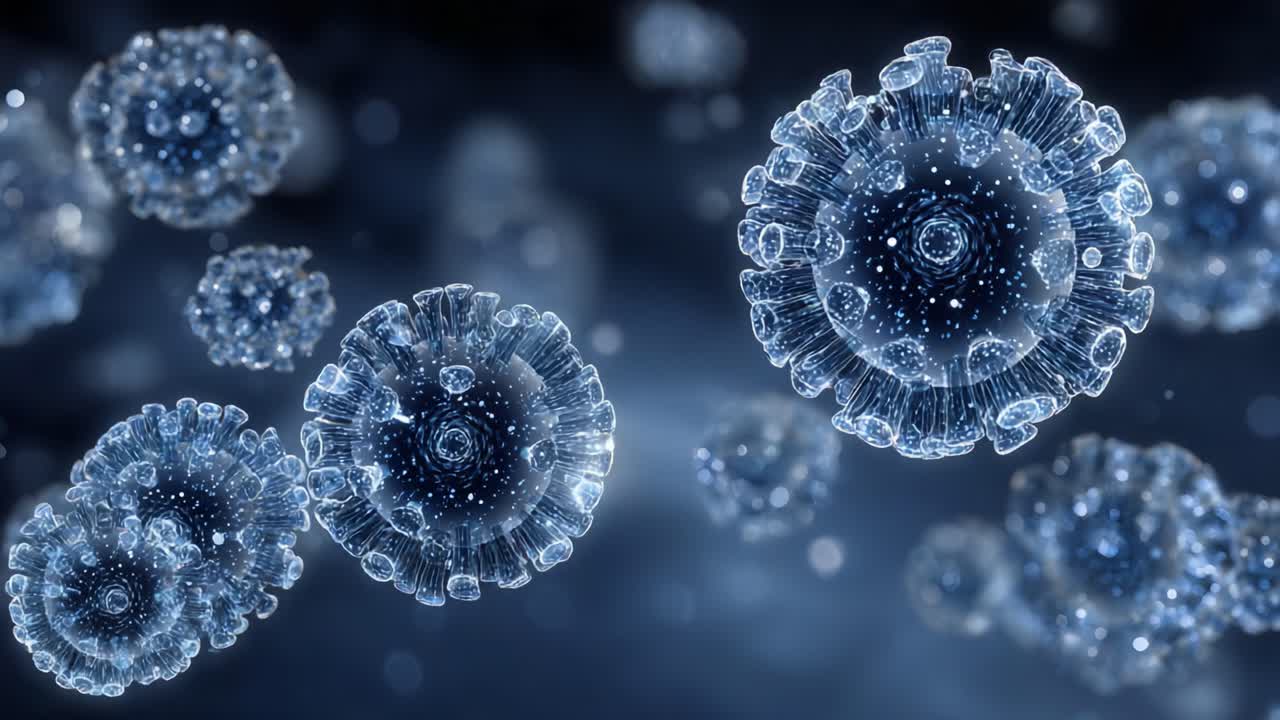 Detailed Visualization of Microscopic Virus Particles Floating in a Dark Abstract Environment, Capturing Their Unique Shapes and Structures in High-Definition Imagery