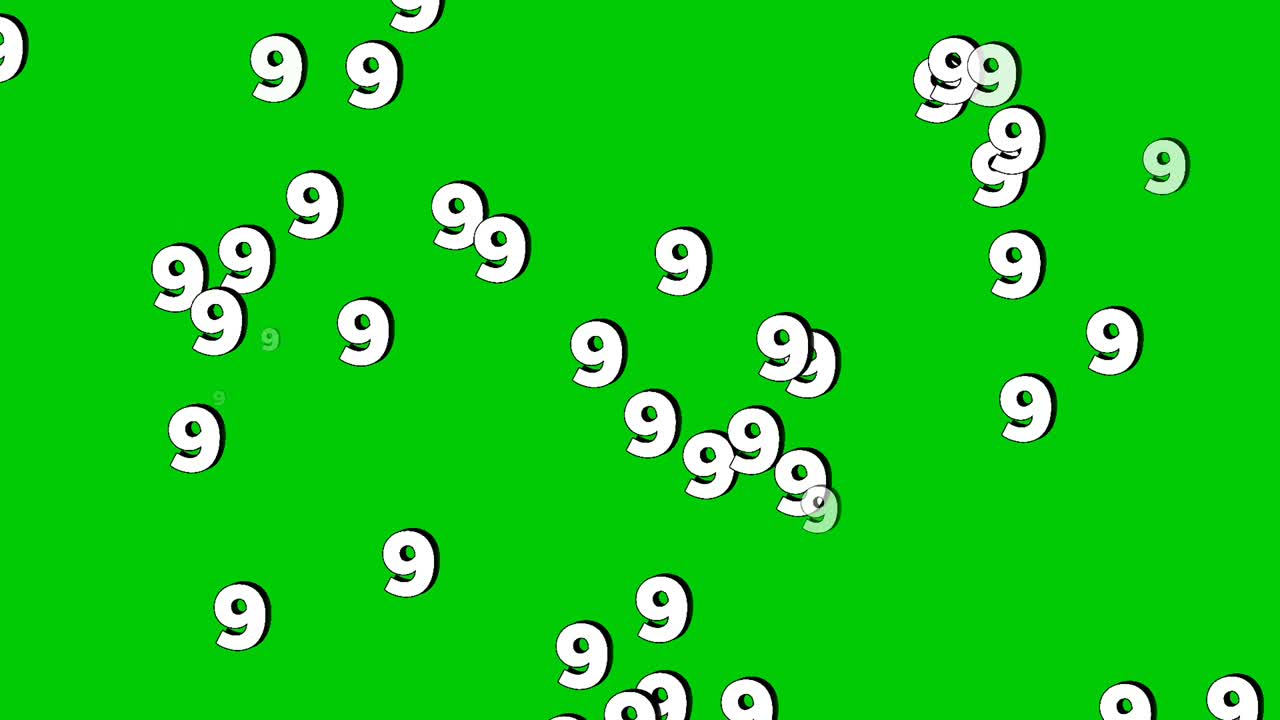 Animated numbers 9 nine falling vertically like rain on a green screen background. Perfect for video editing, VFX, and motion graphics. Seamless loop included for continuous use video element