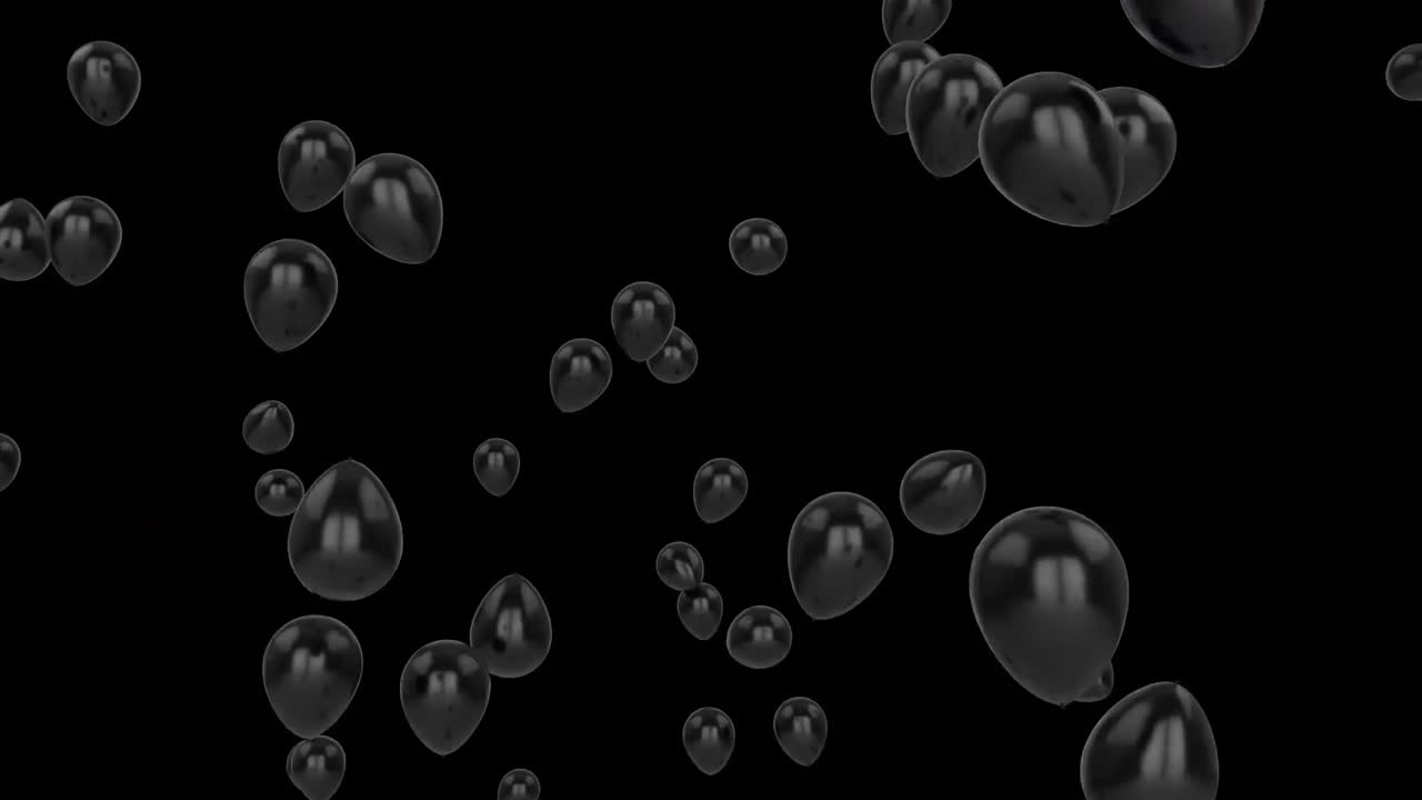 Animation von fliegenden schwarzen Ballons und sich bewegenden kaleidoskopischen Formen auf schwarzem Hintergrund