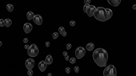 animation of flying black l balloons and moving kaleidoscopic shapes over black background