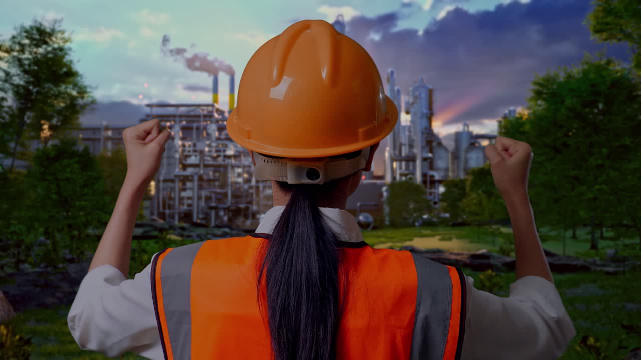 Close Up Back View Of A Female Engineer With Safety Helmet Raising Her Hands Celebrating While Working In Front Of Oil Refinery