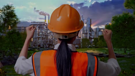 close up back view of a female engineer with safety helmet raising her hands celebrating while working in front of oil refinery