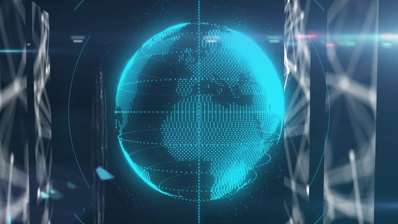 Glowing cyan dotted globe appearing, pulsing and rotating, tracing rings and revealing continents