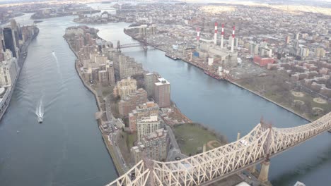 cinematic 4k aerial shot of roosevelt island from east river nyc