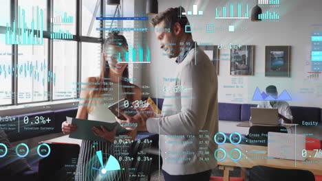 animation of financial data processing over diverse business people in office