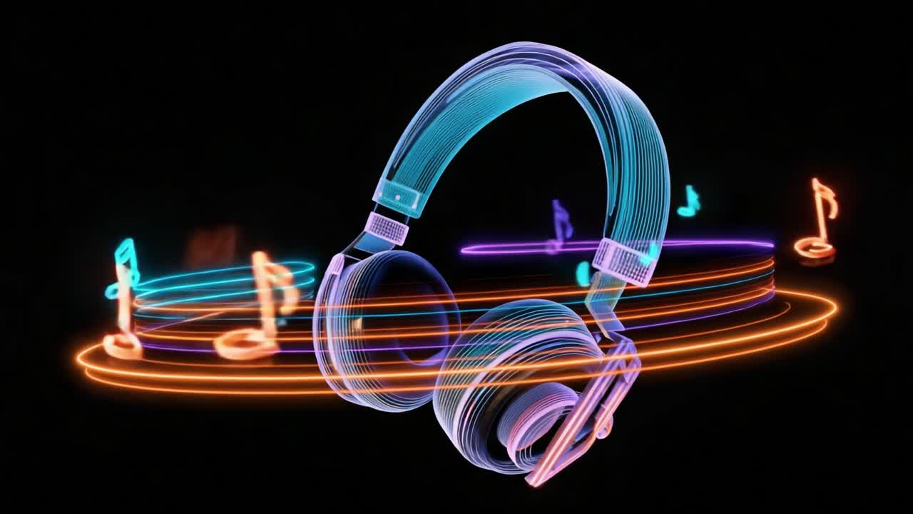 Vibrant Neon Headphones Surrounded by Colorful Music Notes, Capturing the Essence of Sound and Melody, Perfect for Music Lovers and Audiophiles Alike in a Digital Artwork Style