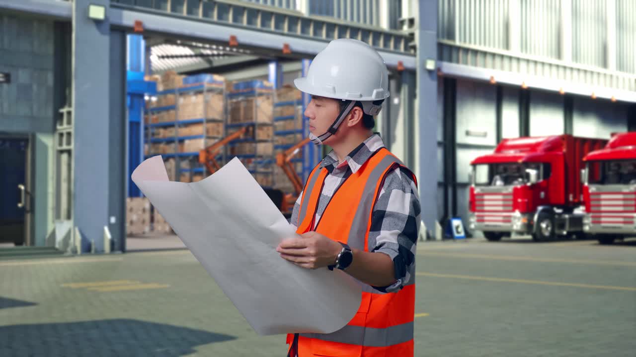 Side View Of Asian Male Engineer With Safety Helmet Looking At Blueprint In His Hands And Looking Around While Standing , Outside of Logistics Distributions Warehouse