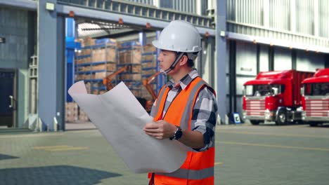 side view of asian male engineer with safety helmet looking at blueprint in his hands and looking around while standing , outside of logistics distributions warehouse