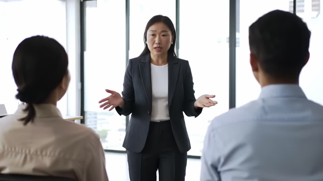 Engaging Leadership: A Professional Woman Commands the Room, Delivering Insights to an Attentive Audience with Poise and Confidence