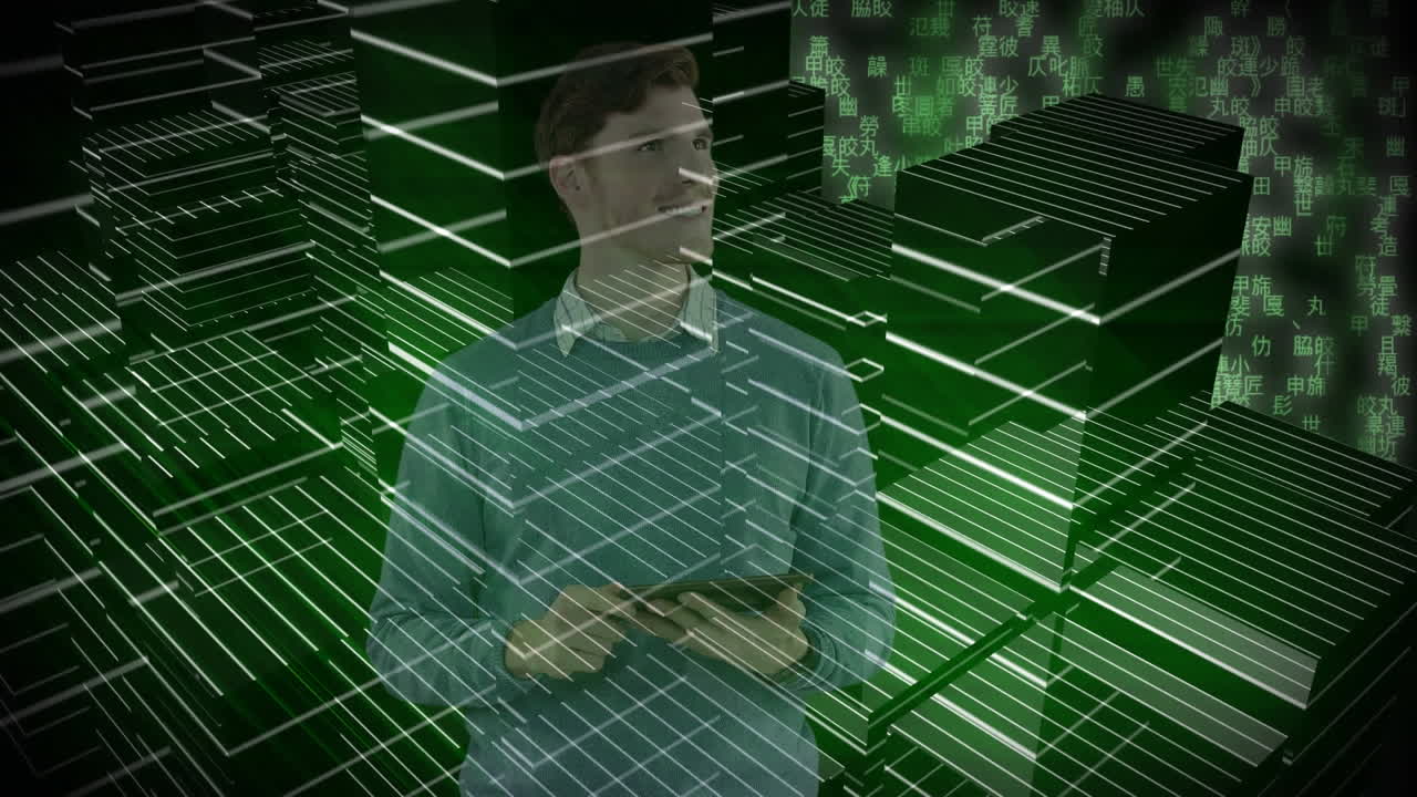 녹색 배경에 디지털 태블릿을 사용하여 백인에 대해 회전하는 3d 도시 모델