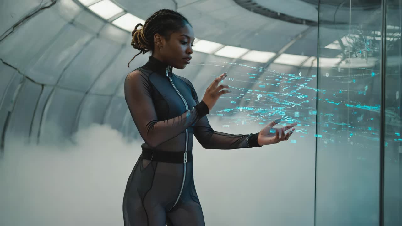 A woman interacting with futuristic technology