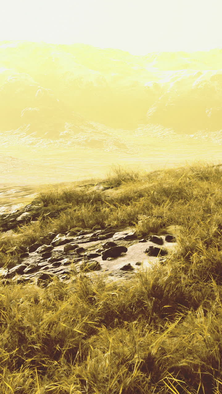 Golden sunlight illuminates grassy hills near majestic mountains