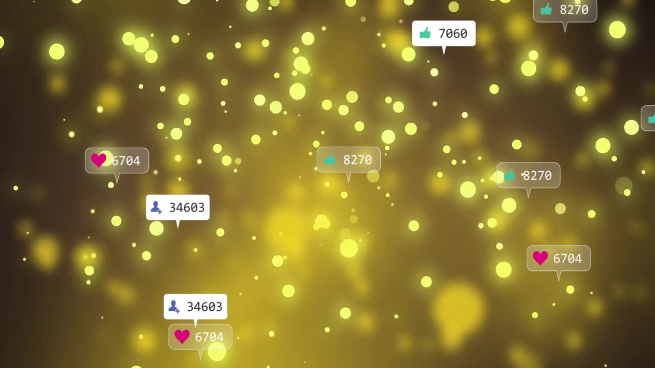 Animazione di icone di social media ed elaborazione dati su luci brillanti.